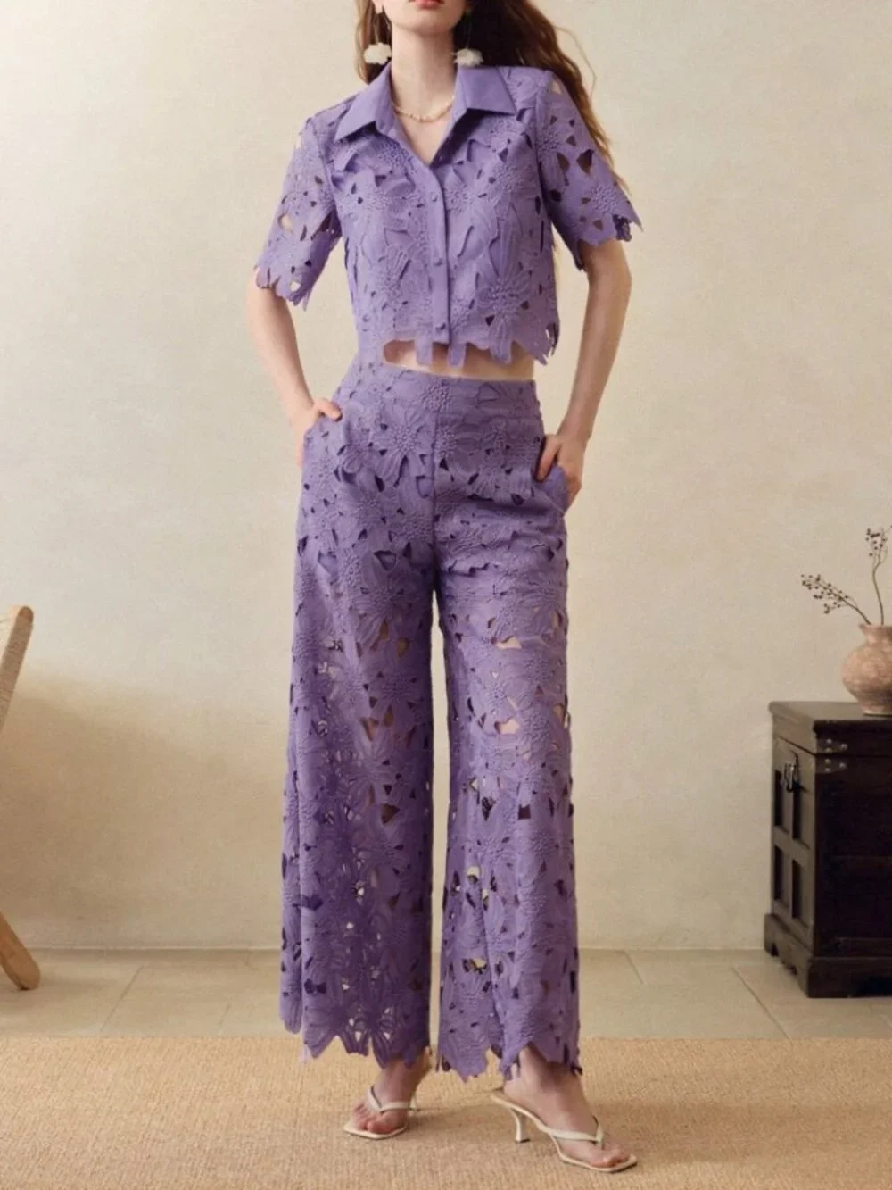 Lilac Floral Lace Crop Top & Wide Leg Pants Set